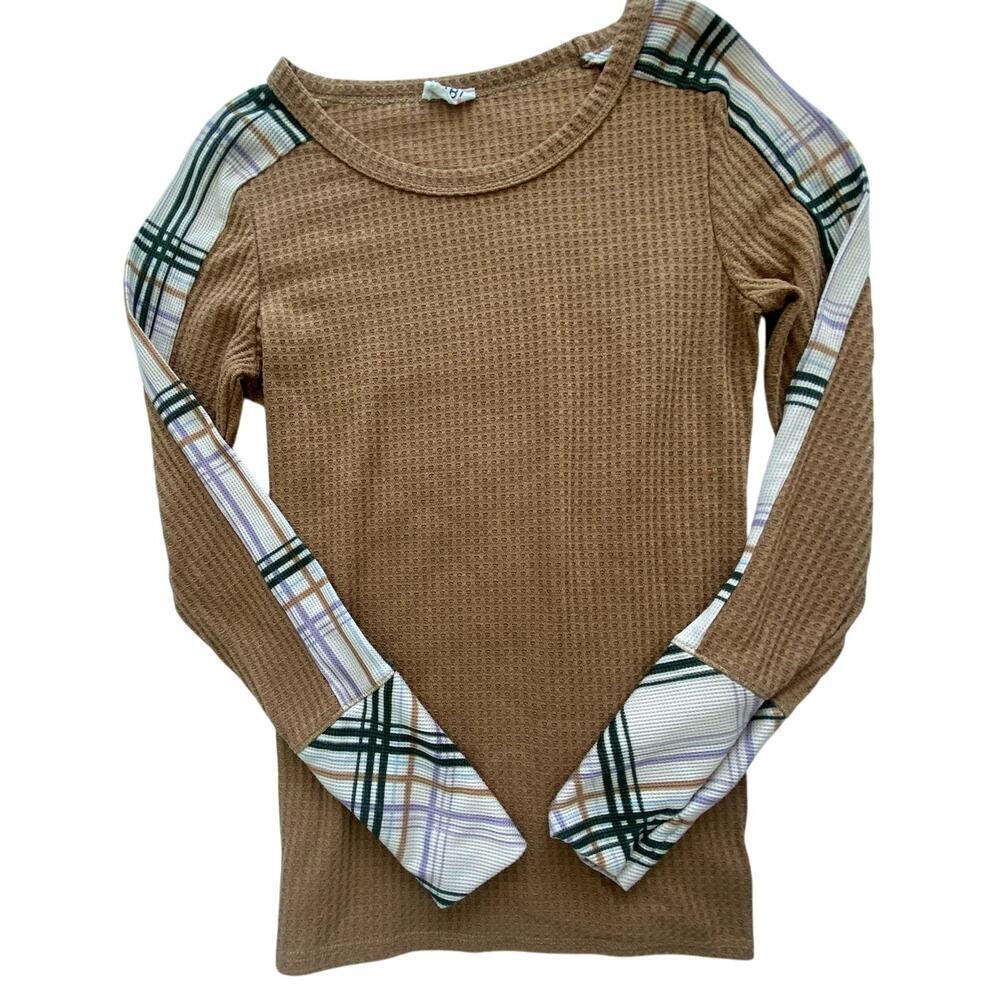 BiBi Womens Brown Waffle Knit Fall Print Long Sleeve Size Medium